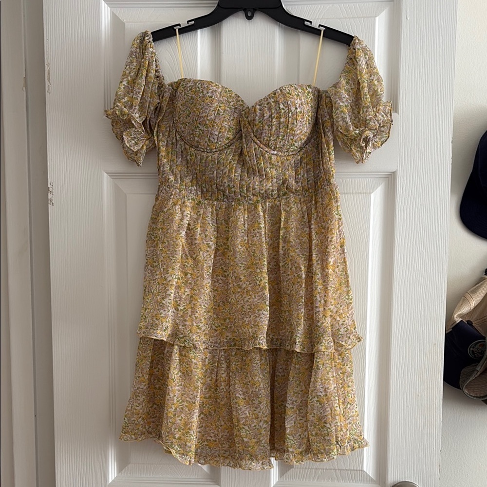 Astr the Label Yellow and White Ruffled Tiered Mini Off the Shoulder Dress